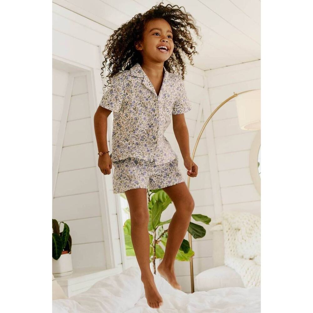 Reformation Lompoc linen blue floral button up shirt and shorts set GIRLS 6